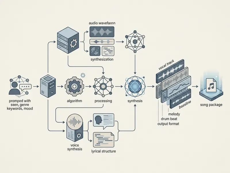 Flowchart visualizing the AI music generation pipeline from user prompts to final song package output