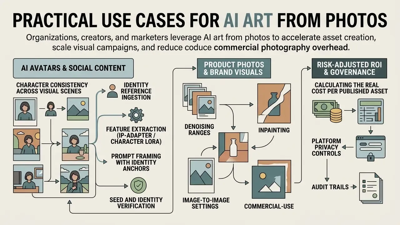 Infographic showing workflows for character consistency, product visualization, and asset governance