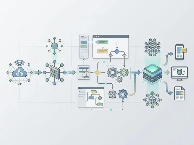 Data flow diagram showing external webhooks connecting to an API gateway and LLM inference processing