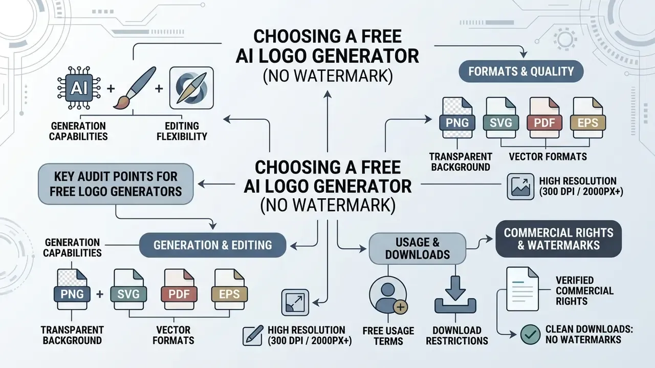 Infographic detailing audit criteria for selecting an AI logo generator including file formats and rights