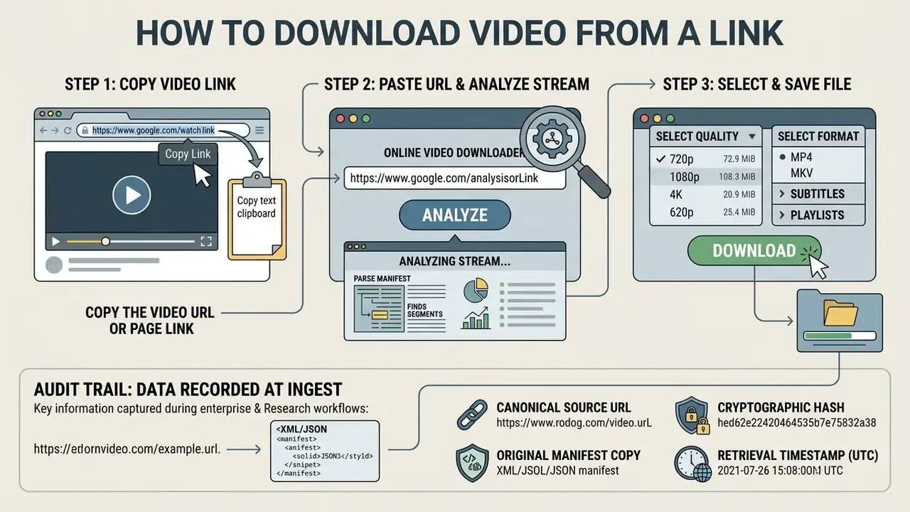 Three step process for saving media files from URLs with an additional section on audit trail data