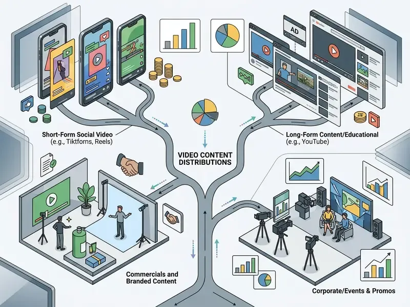 Diagram showing video content distribution pathways to social media, educational platforms, and studios