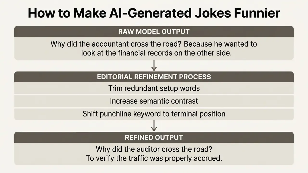 Vertical process diagram showing how raw text is edited and refined into a final punchline