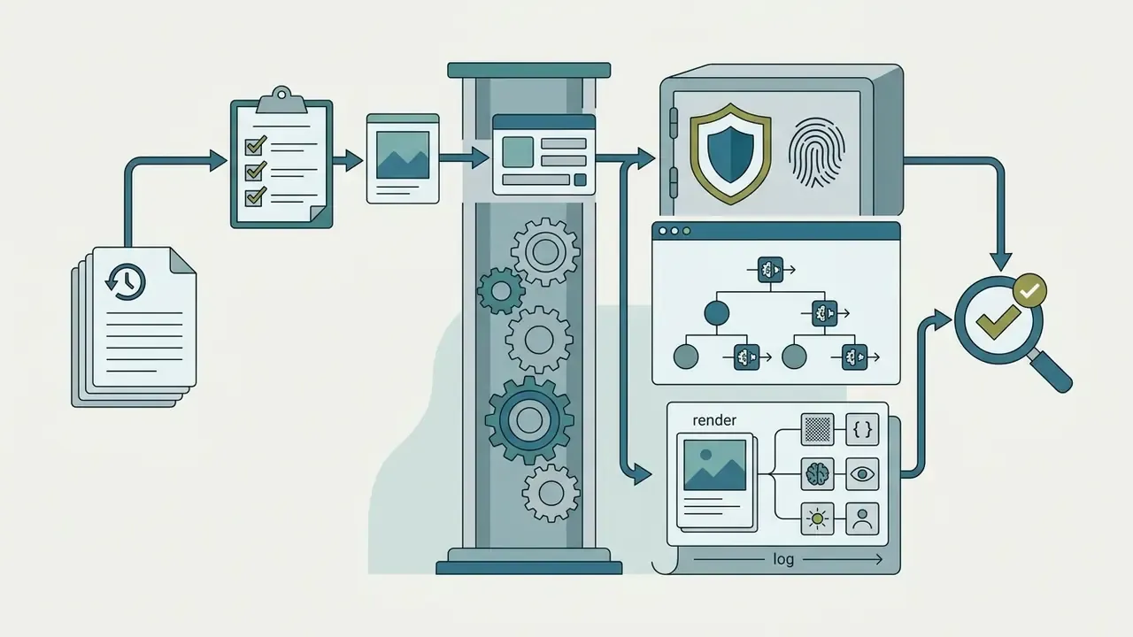 Process flow showing document registration and asset logging through a central gear mechanism to a vault