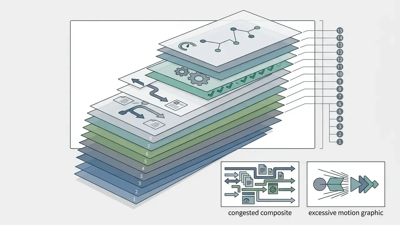 Stack of fifteen numbered layers representing scene complexity with icons for congested composites