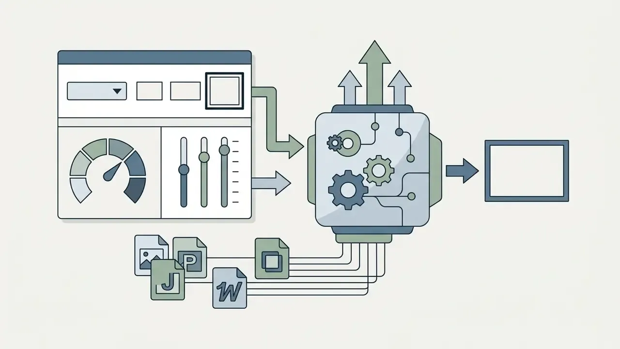 Control panel and file formats feeding into a gear-driven processor to generate video output