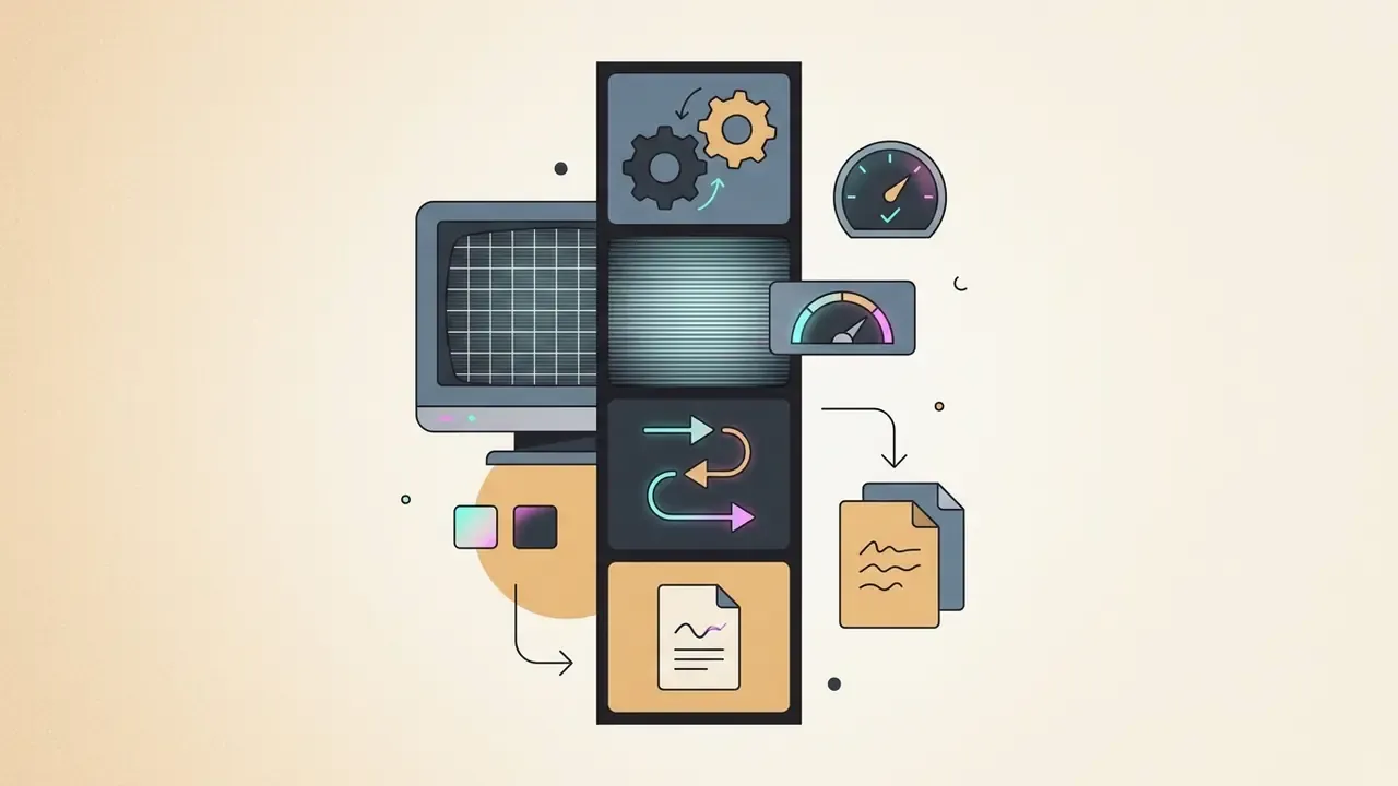 Vertical film strip icons showing gears, scanlines, and document processing for aesthetic video effects