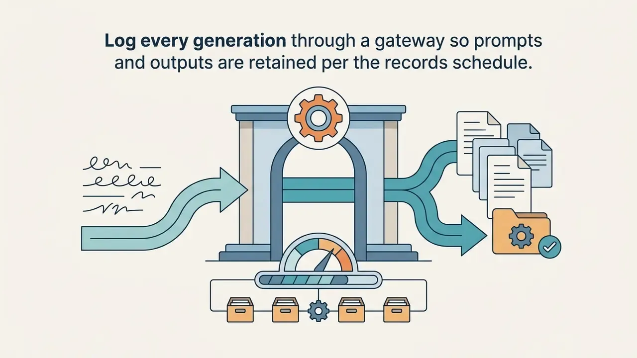 Text prompts flowing through a gateway arch into document files and a folder with a gear icon