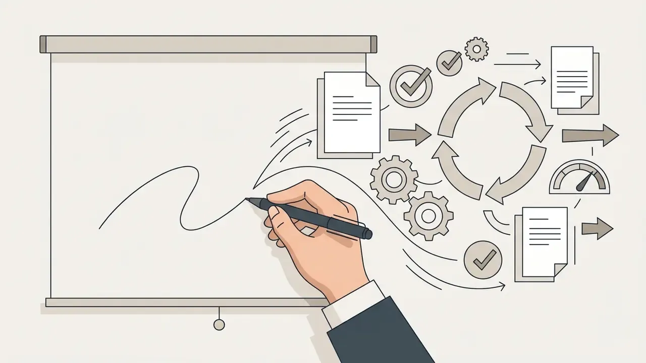 Hand drawing a continuous cycle of documents, gears, and progress icons on a whiteboard