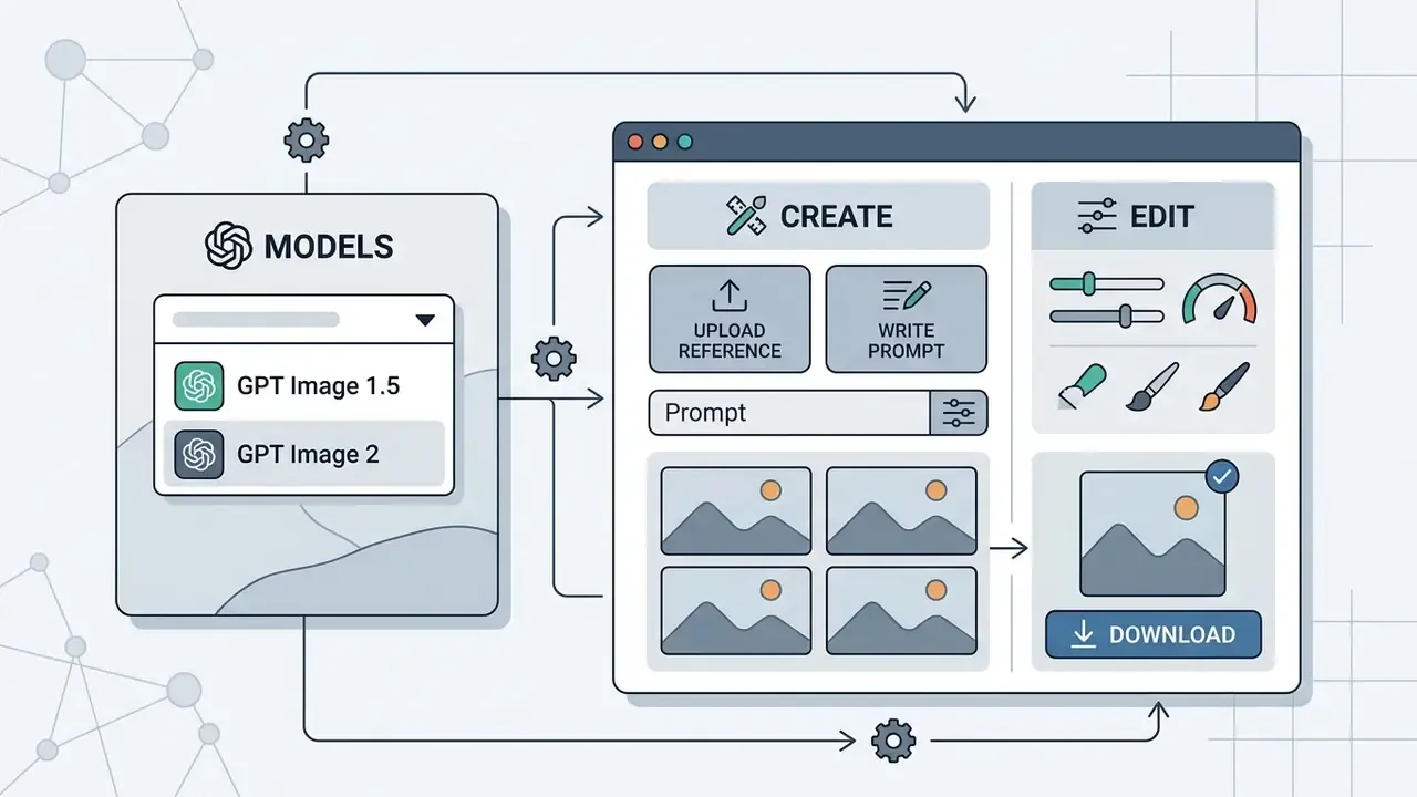 Model selection menu connected to a creative interface with tools for prompting, editing, and downloading