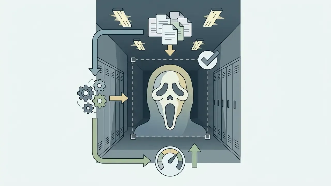 Hooded figure in a school hallway with icons for data processing, gear mechanisms, and a speed gauge