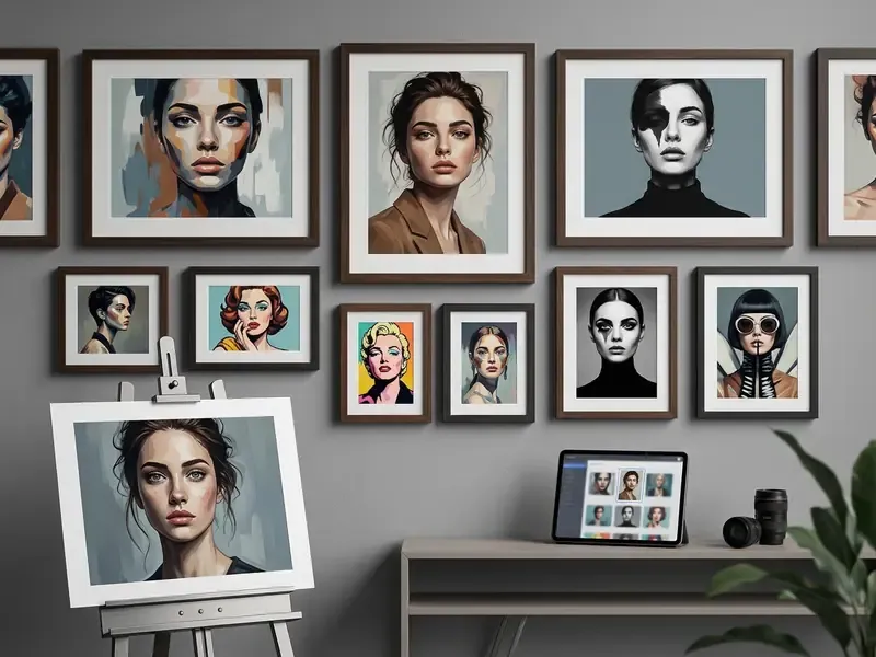 Gallery wall displaying various artistic portraits of the same woman in different creative styles