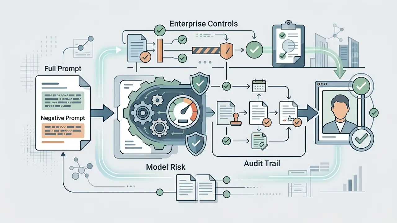 Prompt text flowing through a gear mechanism and review process to generate a verified portrait avatar