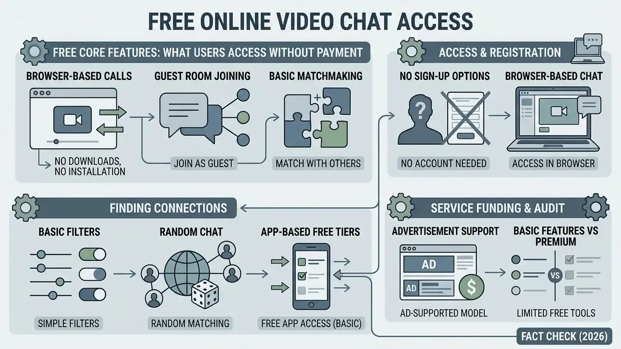 Infographic summarizing free online video chat features including browser access and funding models