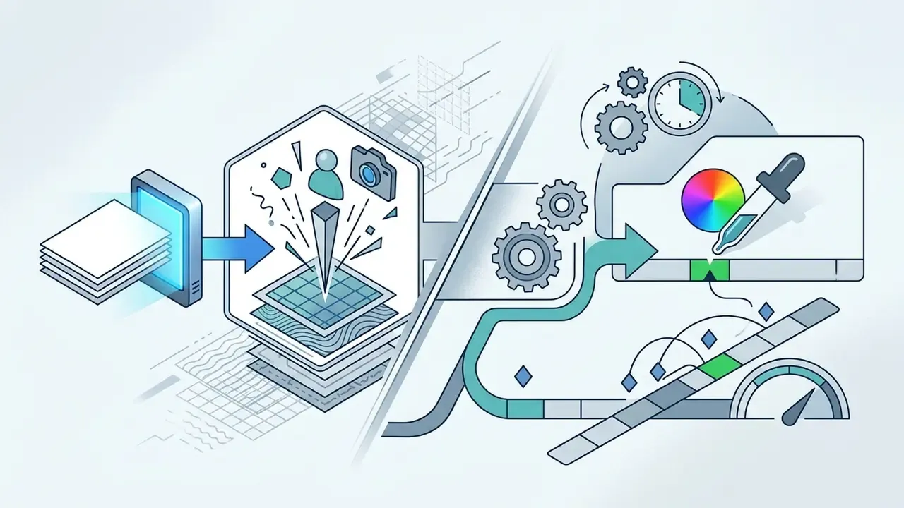 Digital layers being processed through a gear system to a color picker and adjustment slider interface