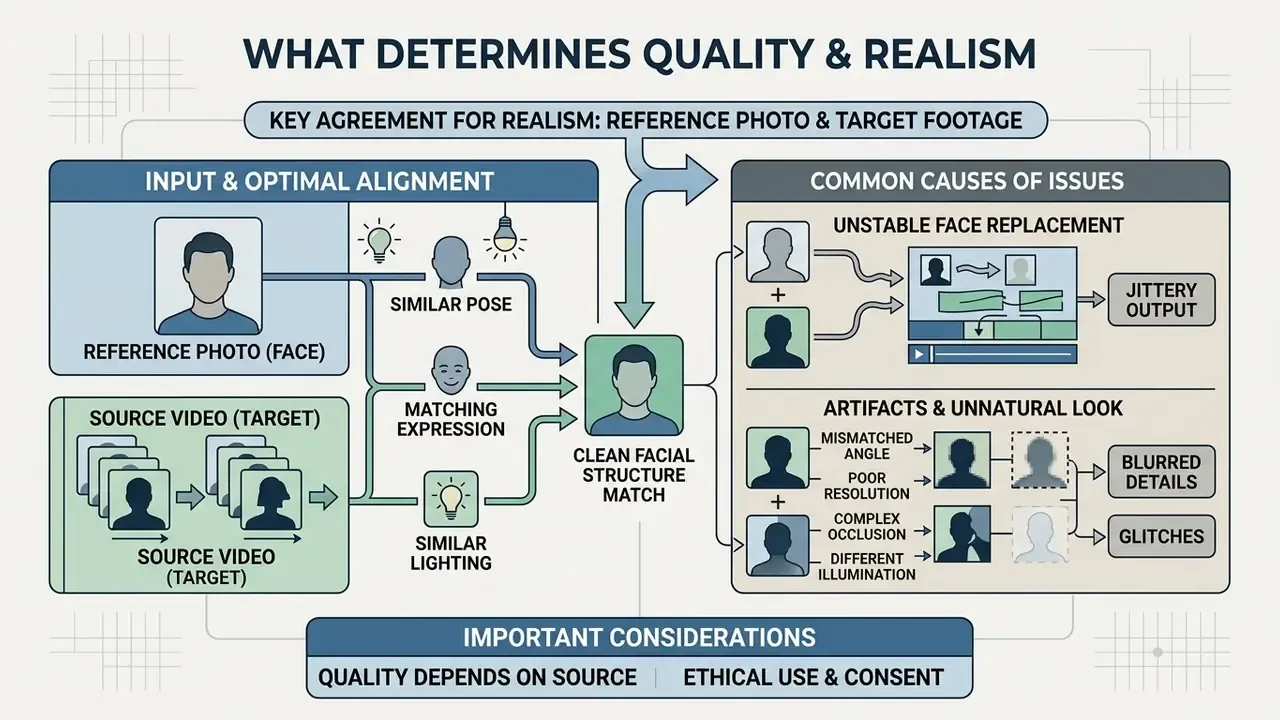 Flowchart comparing optimal alignment of facial features with common causes of video replacement errors