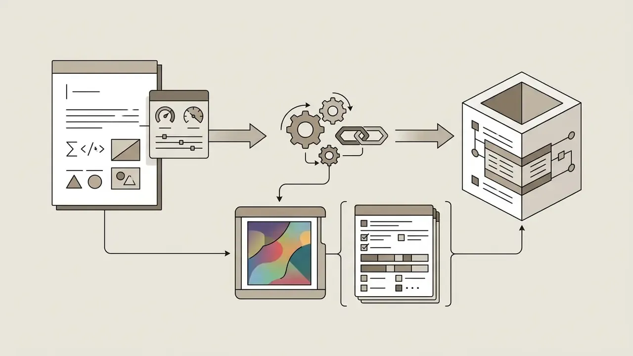 Prompt parameters and raw outputs flowing through a processing gear into a structured archival cube