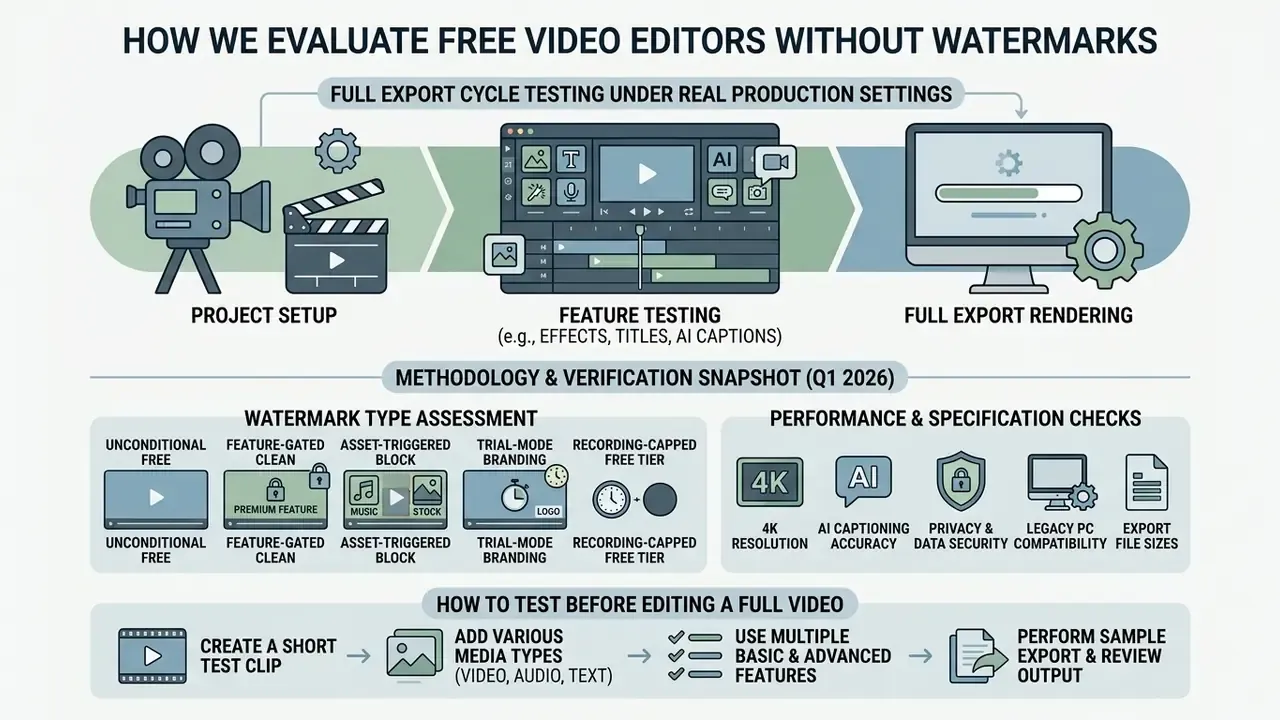 Infographic showing the testing process for free video editing software without watermarks