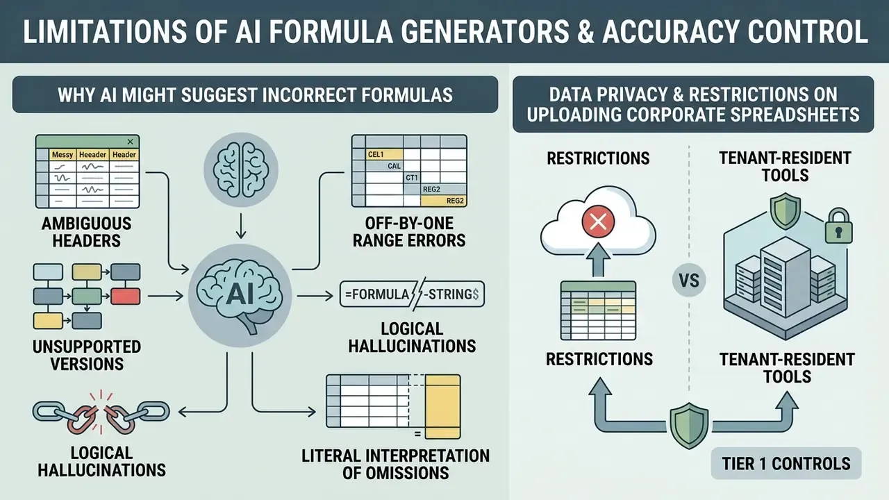 Split infographic showing common AI errors in formula creation and data privacy risks for spreadsheets