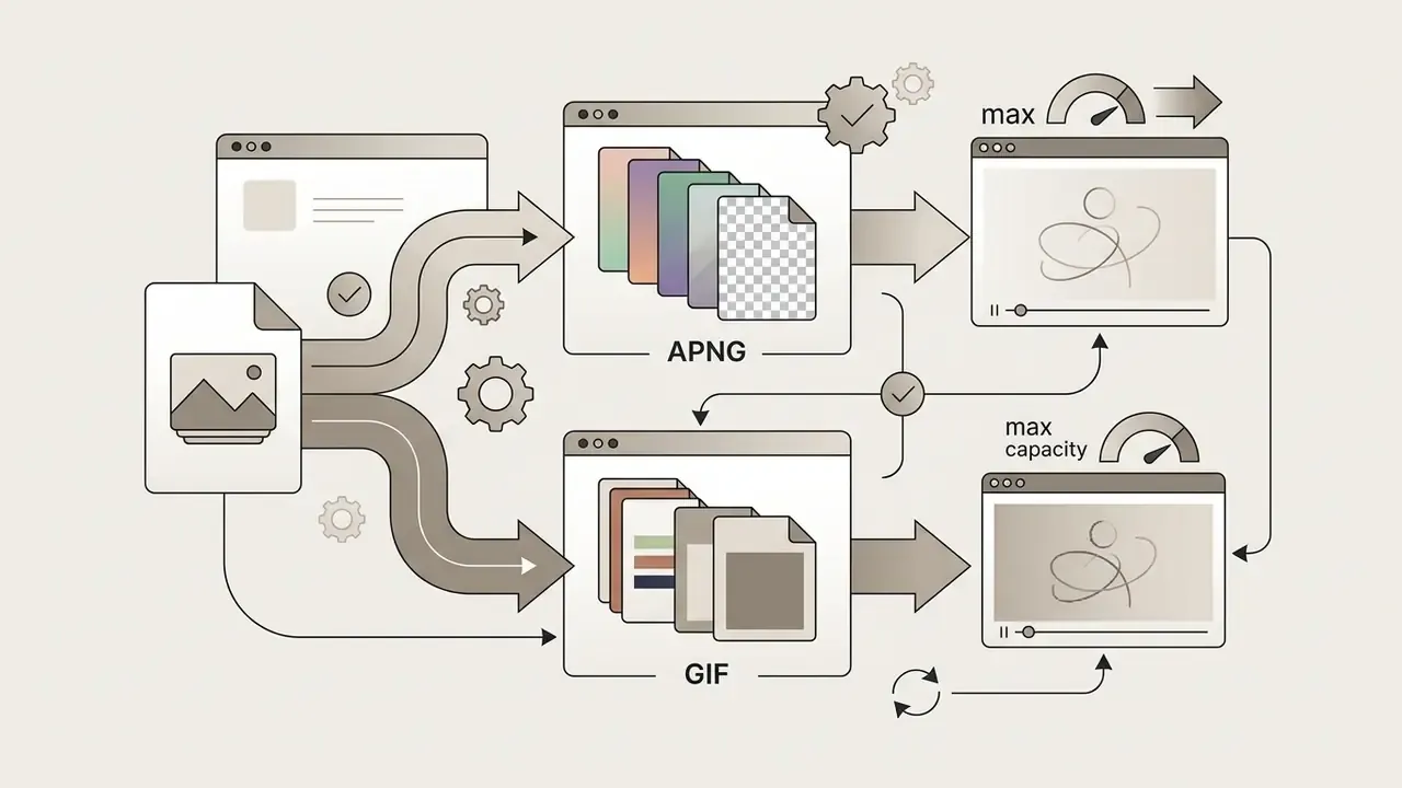 Digital file processing path converting static images into animated APNG and GIF formats with resolution limits
