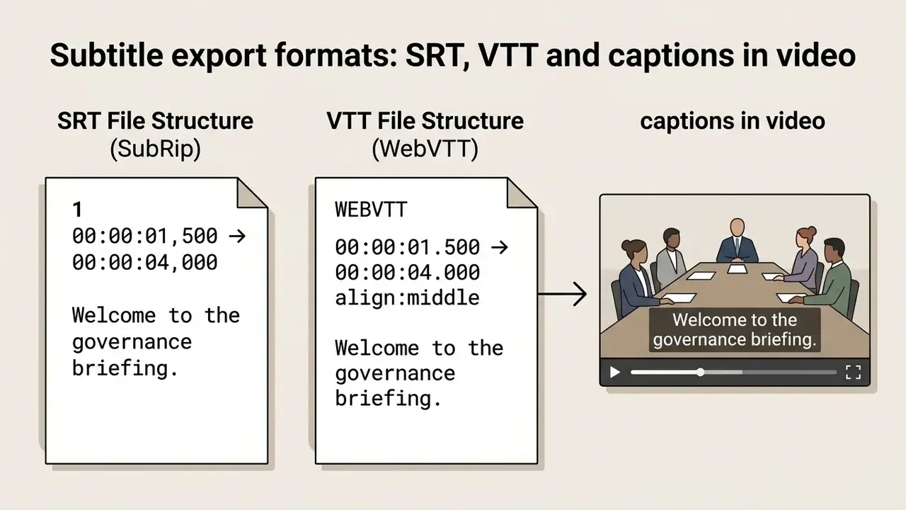 Comparison of SRT and VTT file syntax alongside a video player displaying onscreen captions