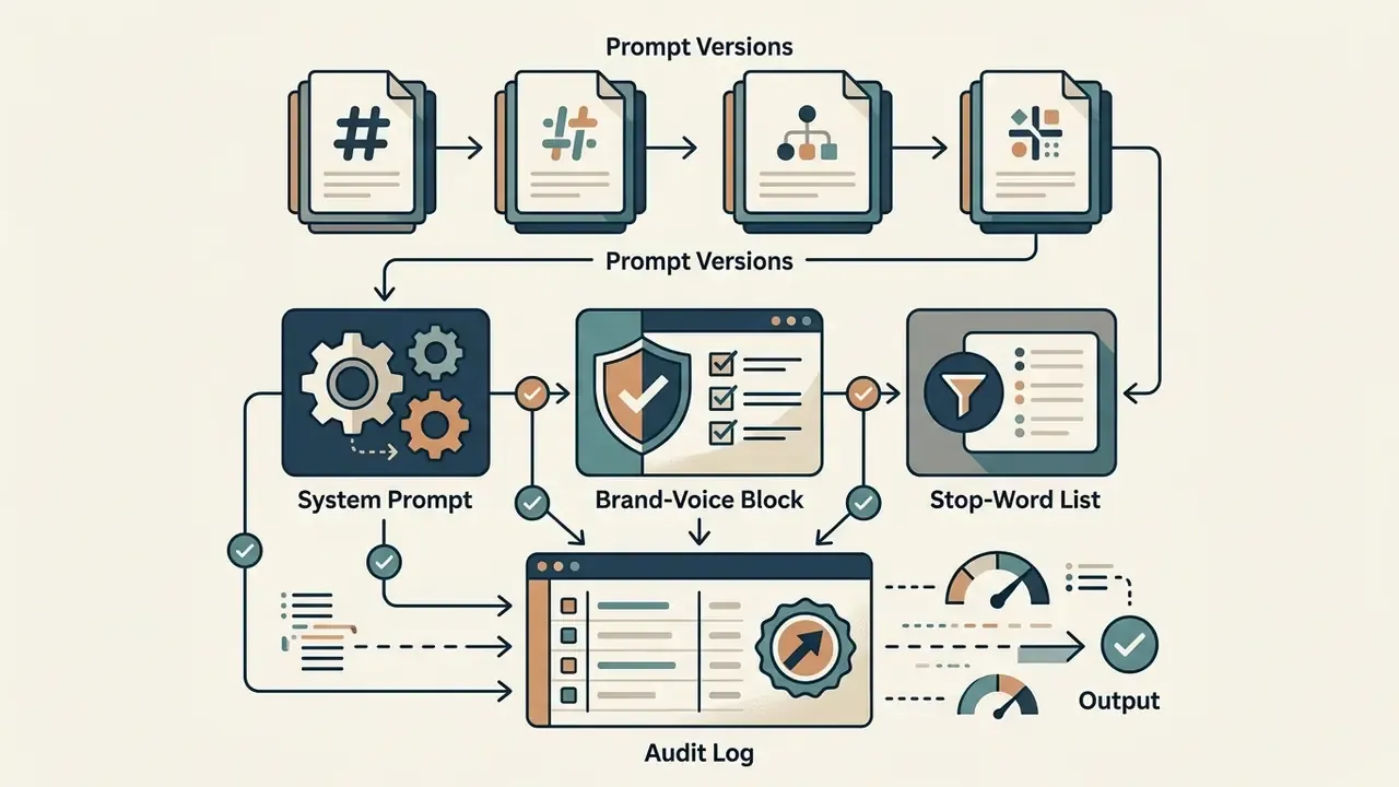 Sequential prompt versions flowing through system, brand, and filter modules into an audit log output