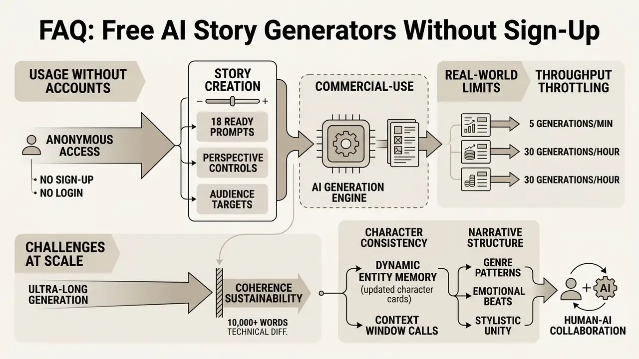 Process map showing anonymous AI access, throughput limits, and technical challenges for long story generation