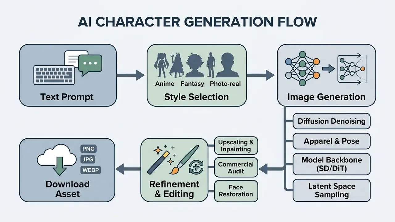 Diagram mapping the technical steps from text input to final asset download in an AI character generator