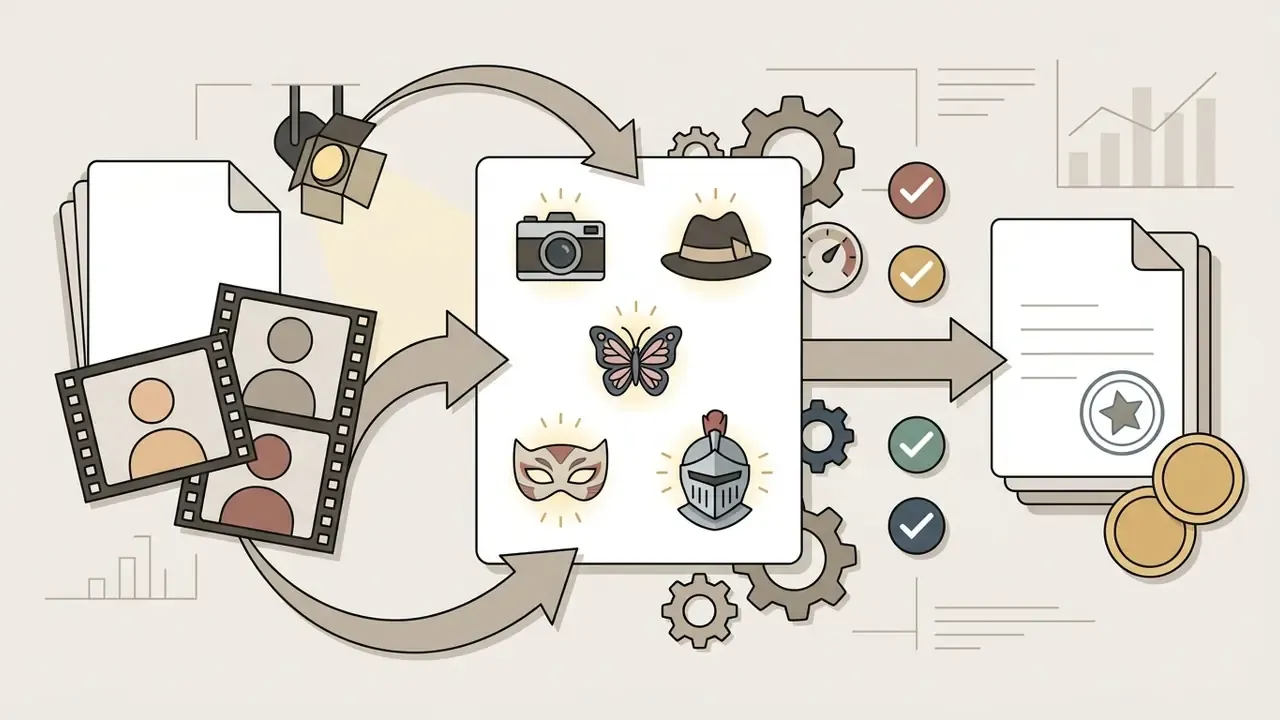 Film strips and documents feeding into a central hub of creative icons to produce finalized assets
