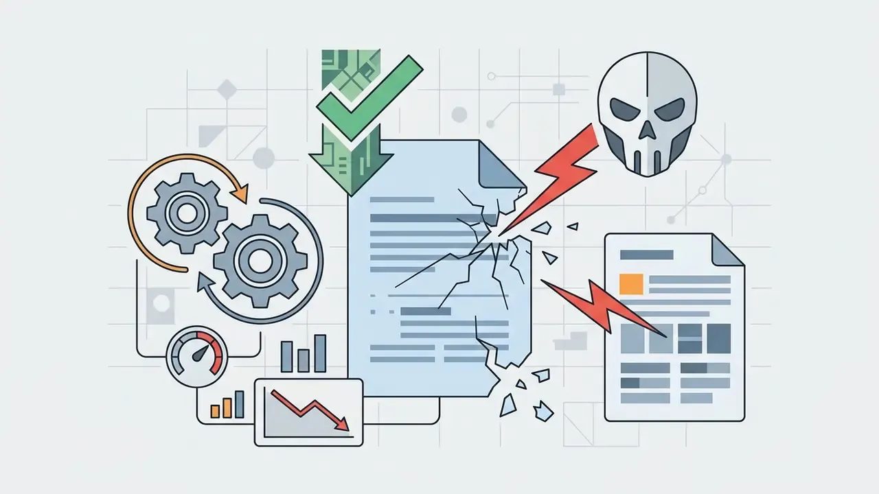 Skull icon attacking a document with lightning bolts while gears and charts monitor the system failure