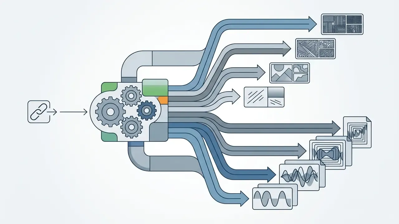 Link icon feeding into a gear mechanism that splits data streams into various video and audio file formats