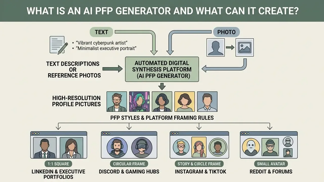 Flowchart showing how an AI PFP generator converts text or photos into custom profile pictures for platforms