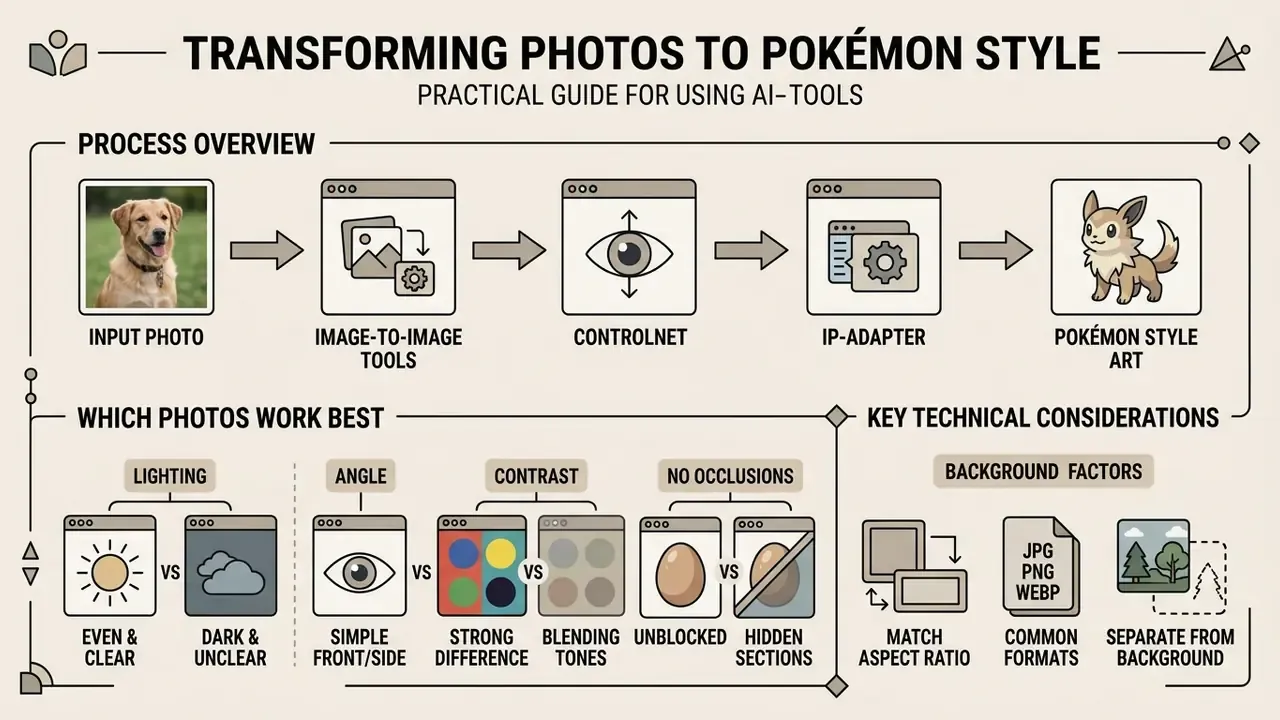 Infographic showing the technical workflow and photo requirements for generating creature character art