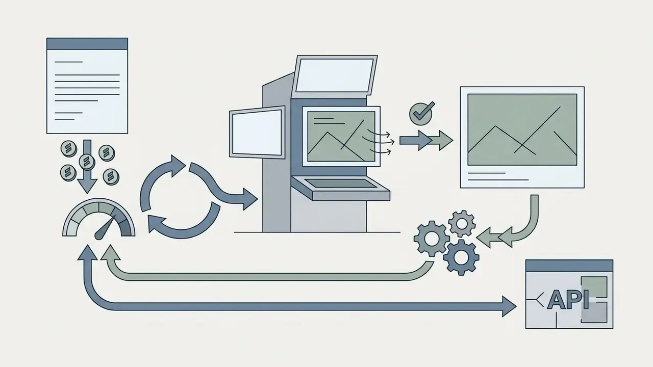 Coins and document settings feeding into a processor to calculate Kling AI video generator credit costs