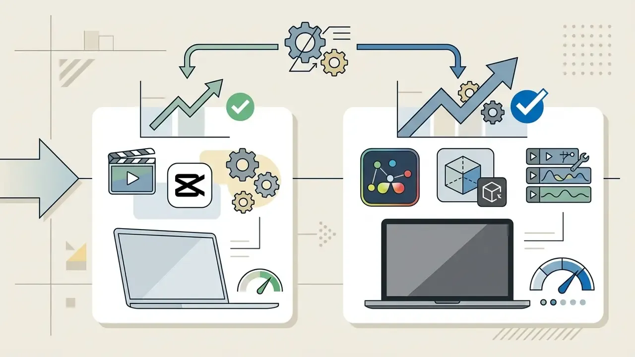 Two laptops showing different software icons and performance gauges to represent varying hardware needs