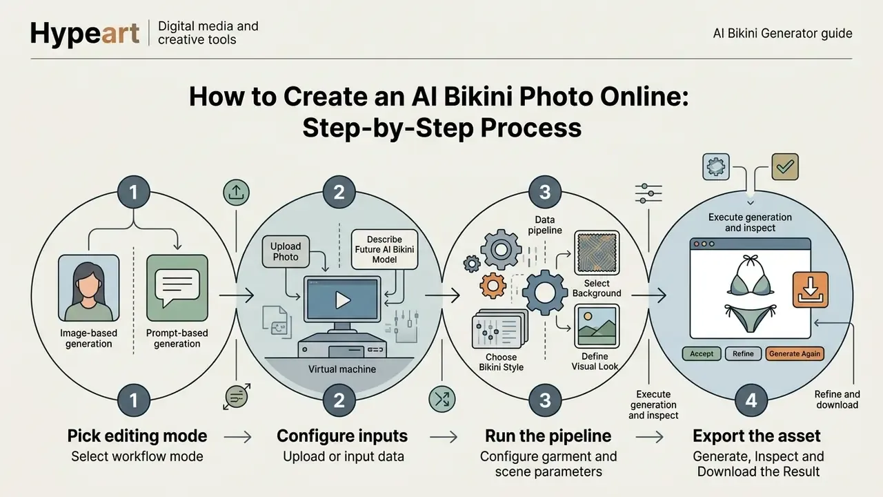 Four-step workflow diagram for an AI bikini generator covering input selection, configuration, and export