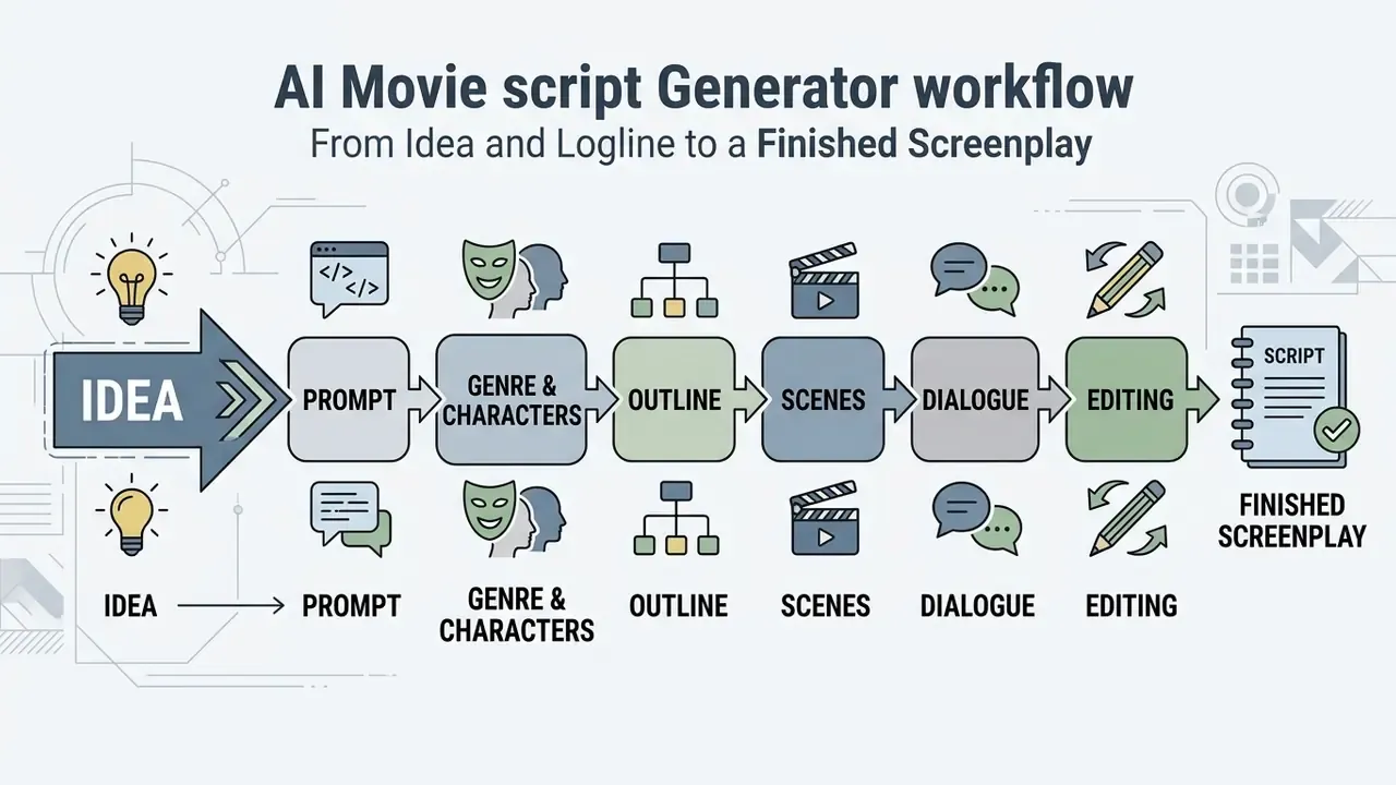 Sequential process diagram showing the steps of an AI movie script generator from idea to final draft