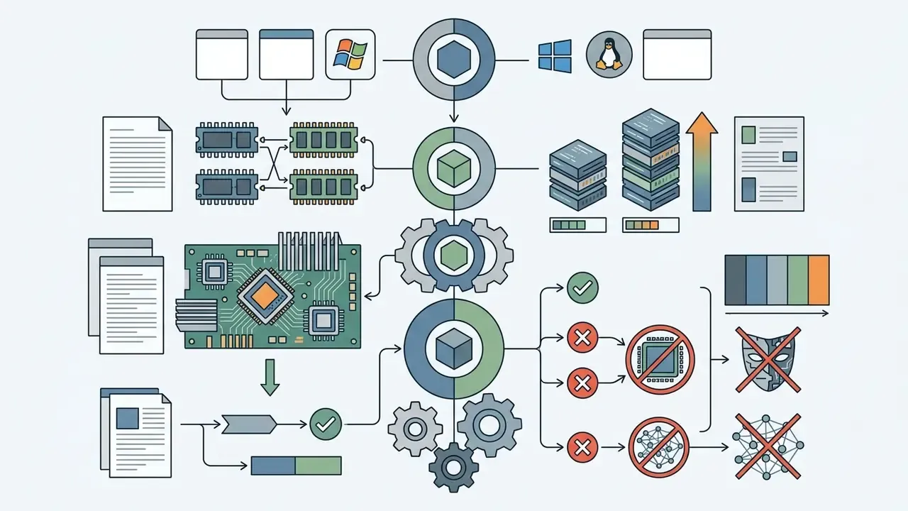 System architecture diagram showing hardware components connected to processing nodes and feature limitations