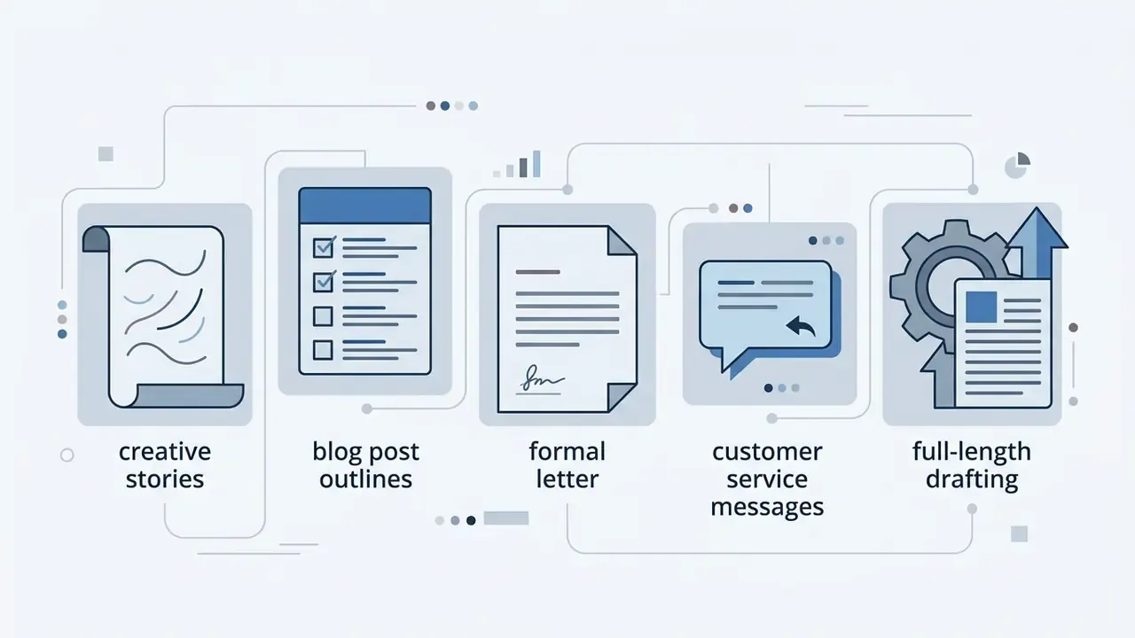 Series of icons representing creative stories, outlines, letters, messages, and full-length AI drafting
