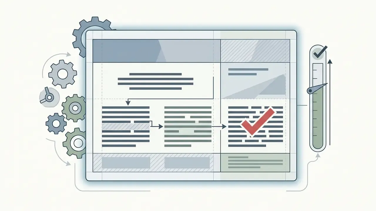 Document layout showing text blocks being processed and finalized with a checkmark