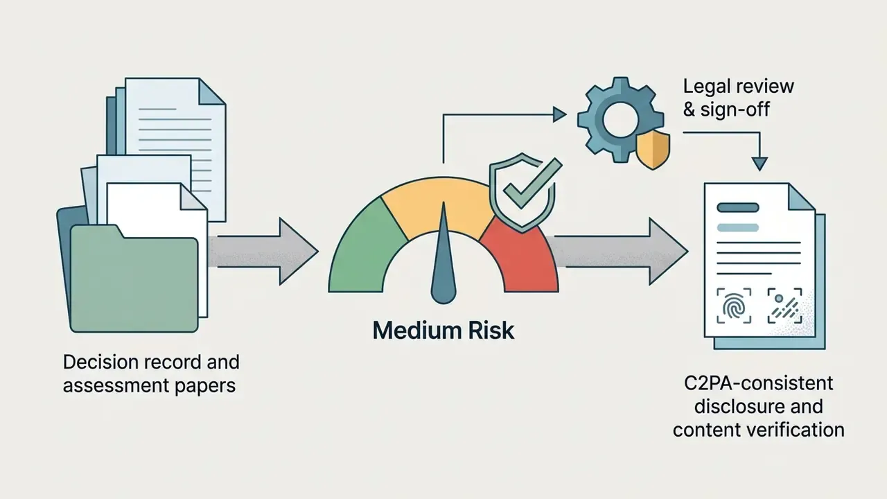 Assessment papers flowing into a medium risk gauge leading to legal review and verified disclosure documents