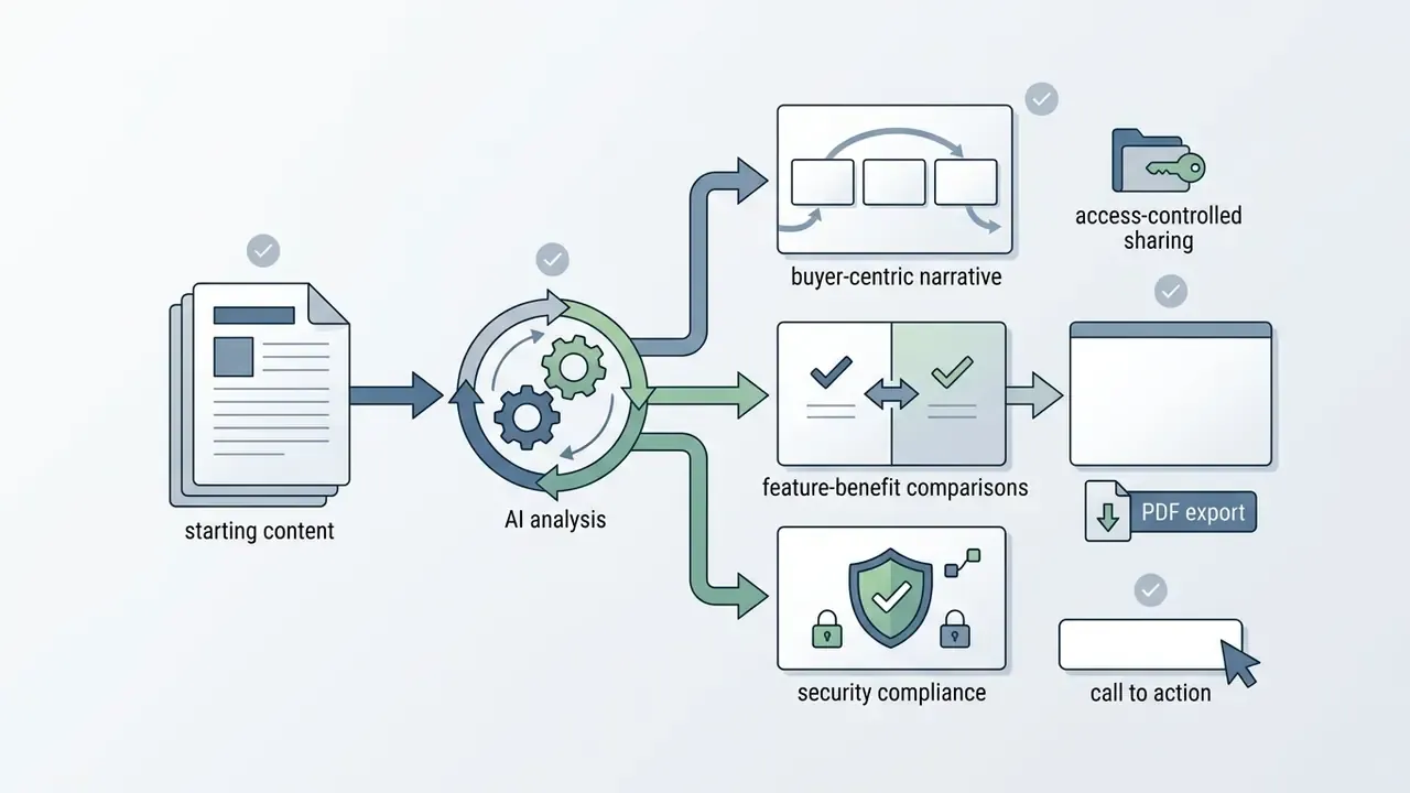 Data processing steps converting starting content into sales narratives, comparisons, and security assets