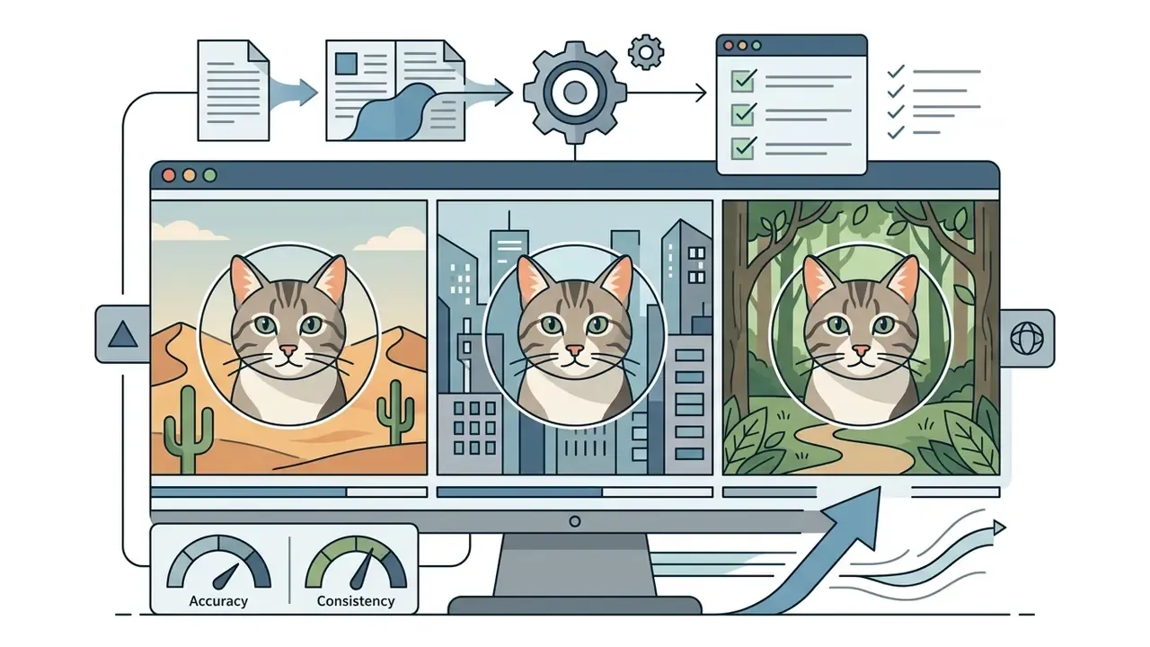 Workflow diagram showing a computer screen displaying a consistent cat character across three different backgrounds