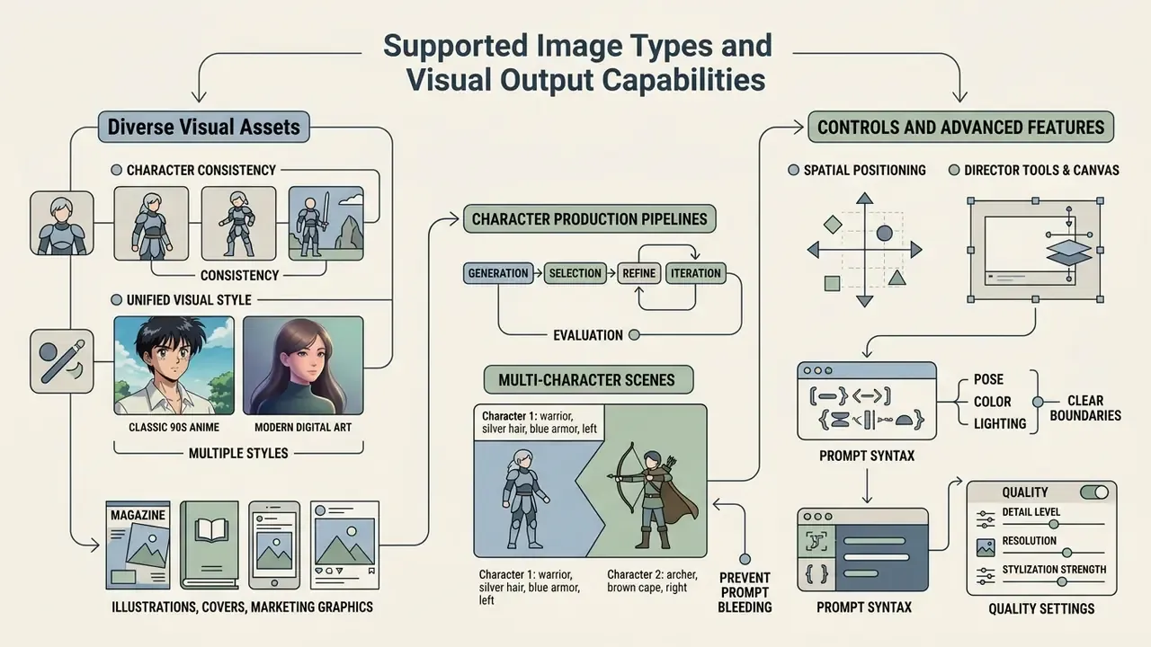 Diagram detailing how a novel AI image generator creates diverse visual assets and manages advanced controls