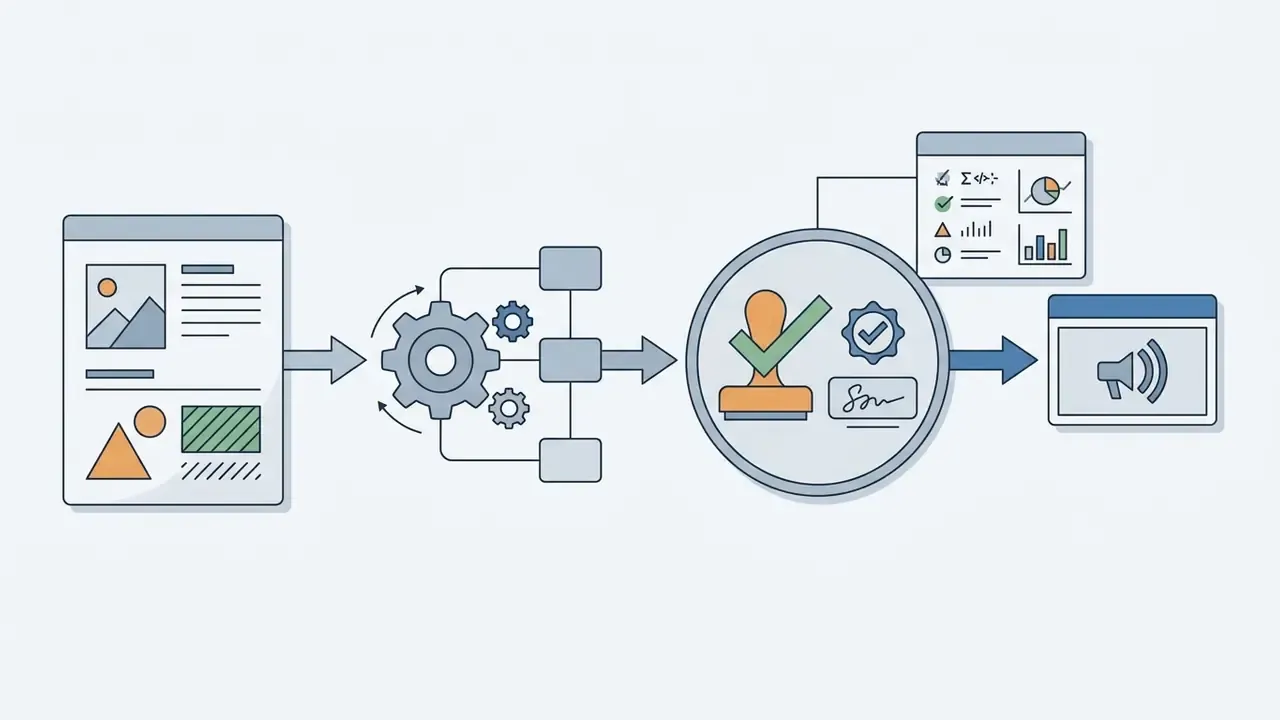 Document moving through gears and a review stamp to reach a public channel for broadcasting