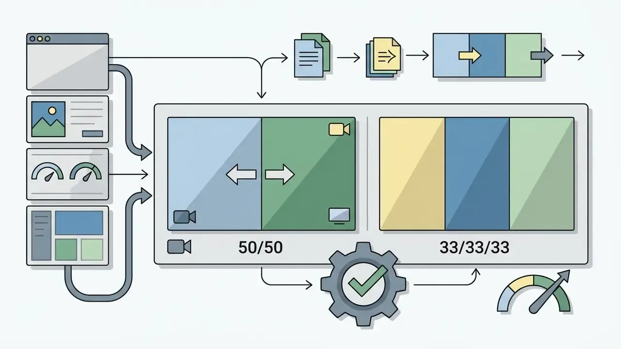 Multiple video sources feeding into split-screen layouts with configurable grid proportions