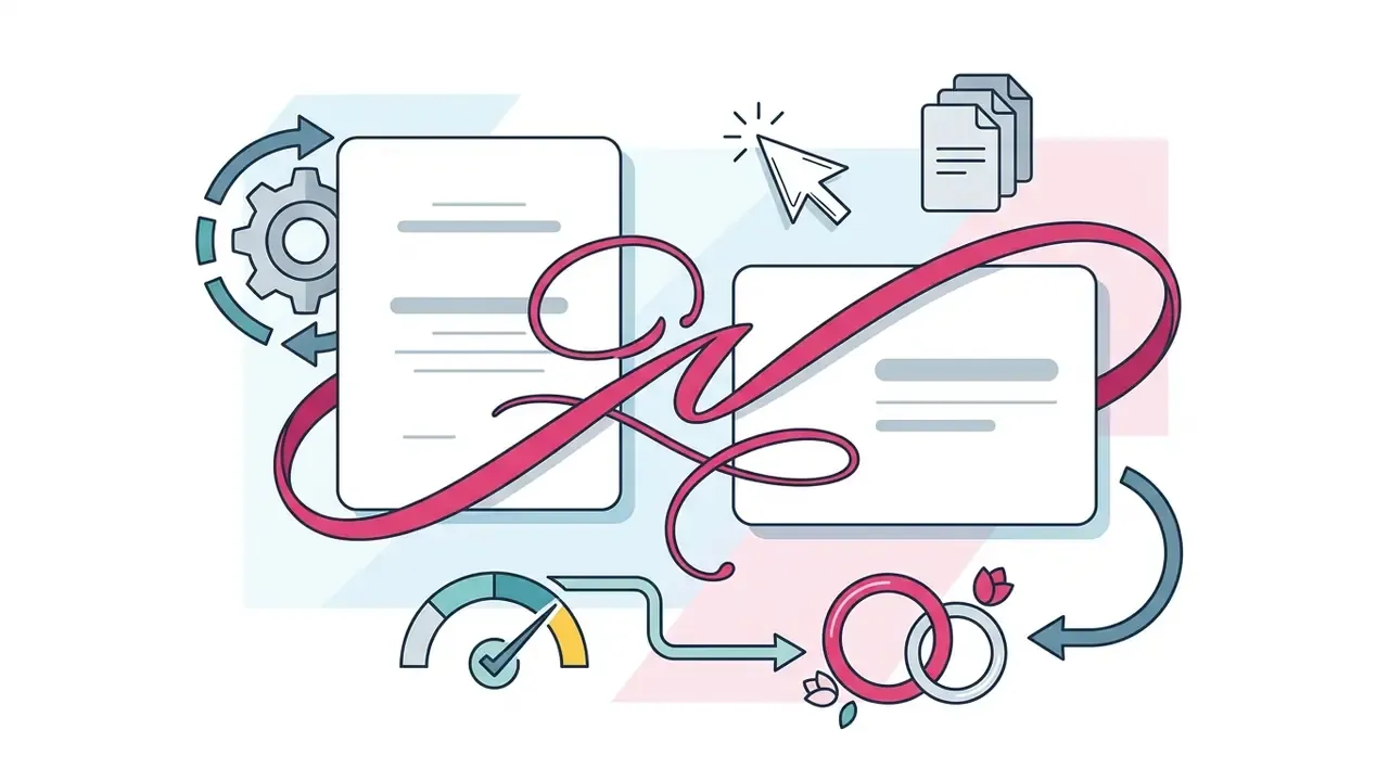 Elegant pink script letter with document icons, a performance gauge, and wedding ring symbols