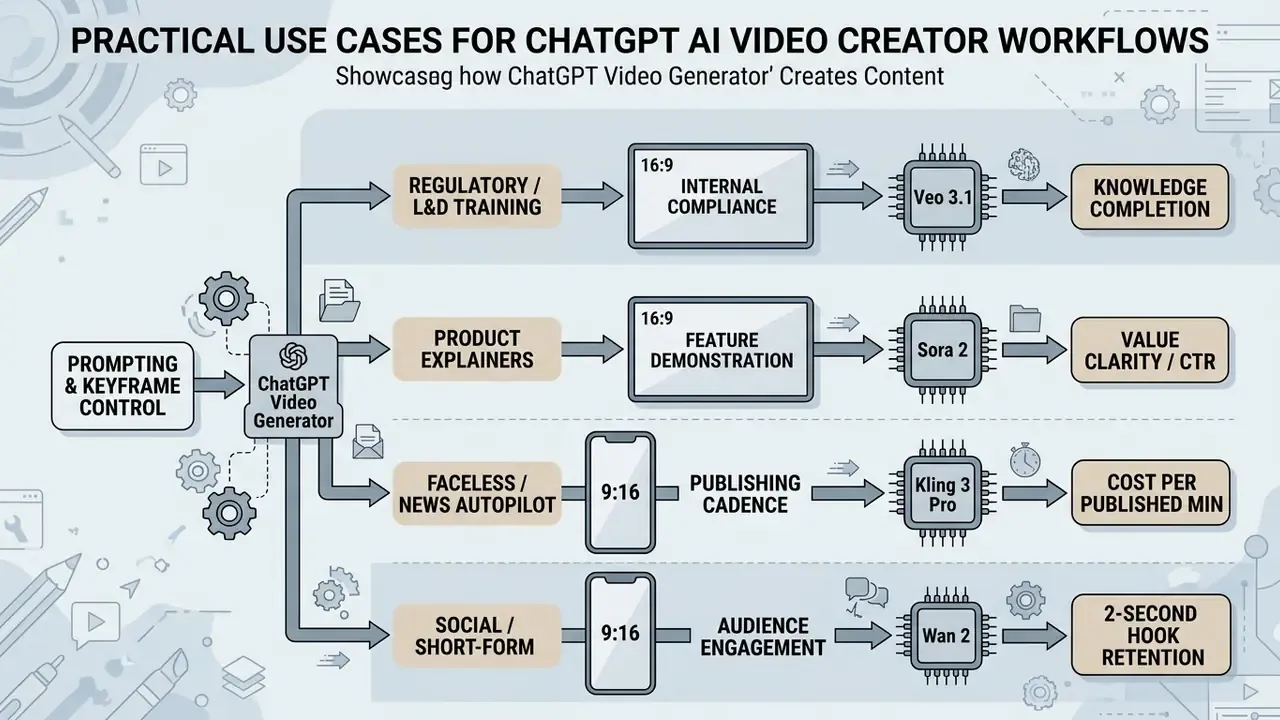 Flowchart mapping video production use cases to specific formats, AI models, and performance metrics