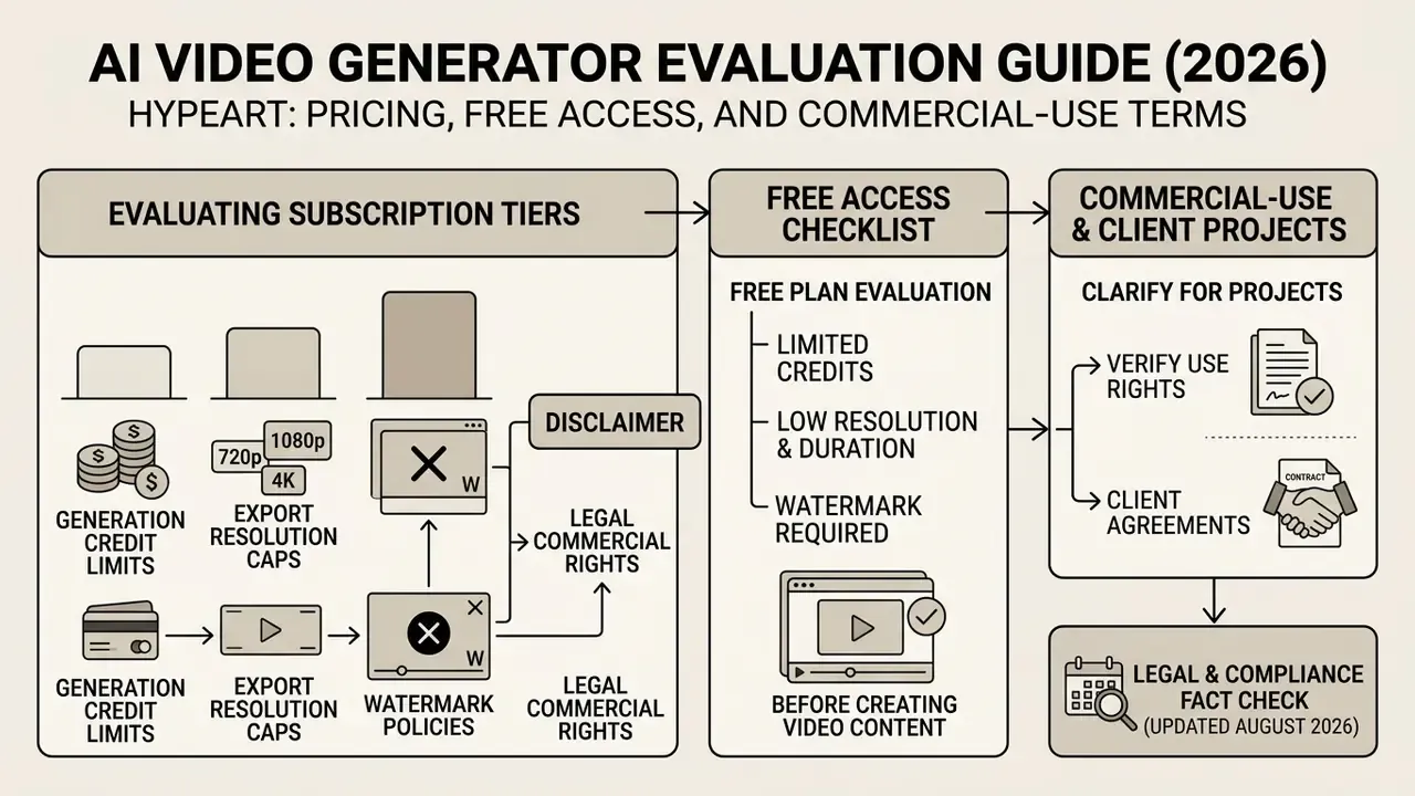 Flowchart outlining subscription tiers, free plan checklists, and commercial usage rights for video tools