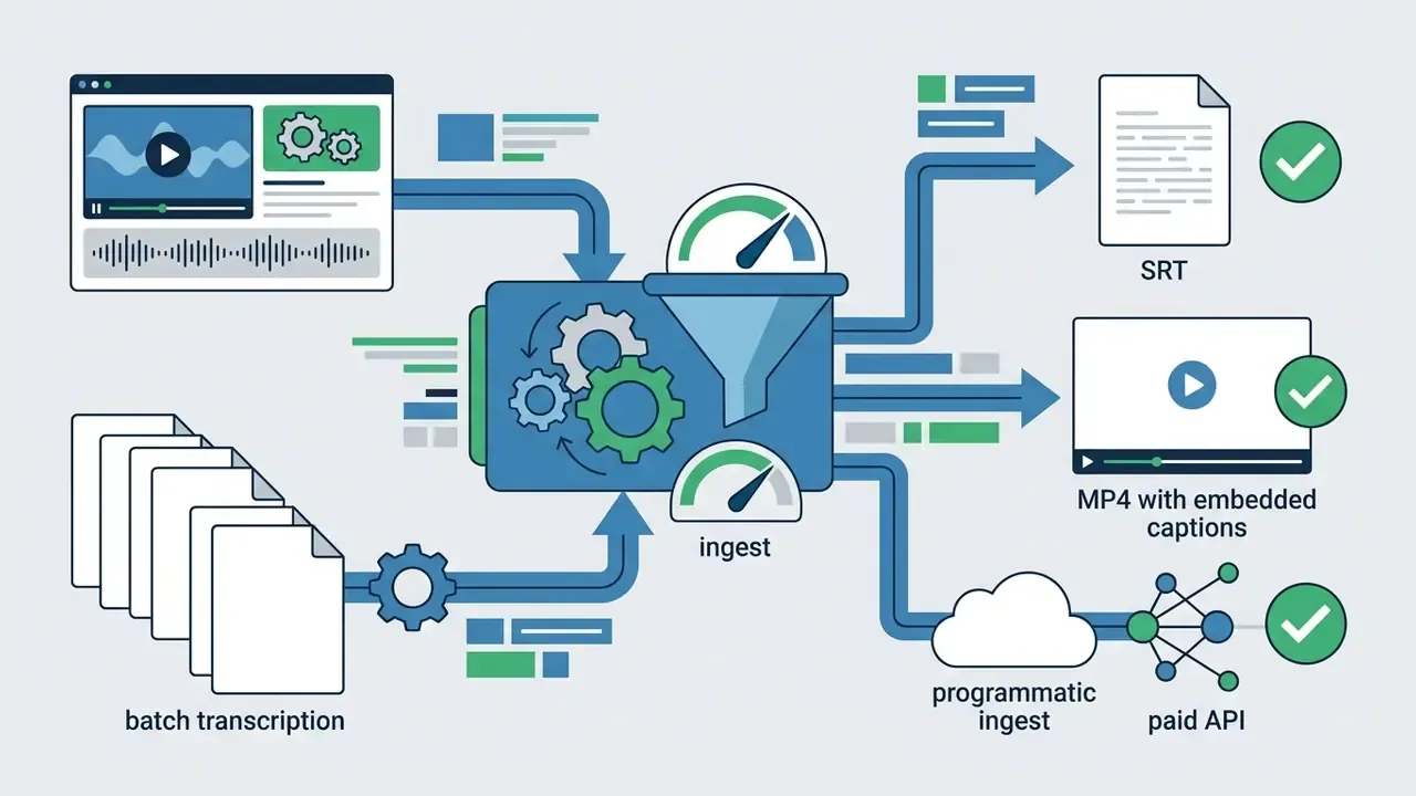 Automated pipeline processing video and batch files into SRT or MP4 outputs via a programmatic API